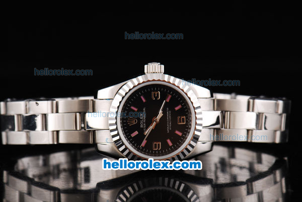 Rolex Air King Oyster Perpetual Swiss ETA 2836 Automatic Movement Silver Case with Black Dial and Pink Stick Markers-Lady Size - Click Image to Close